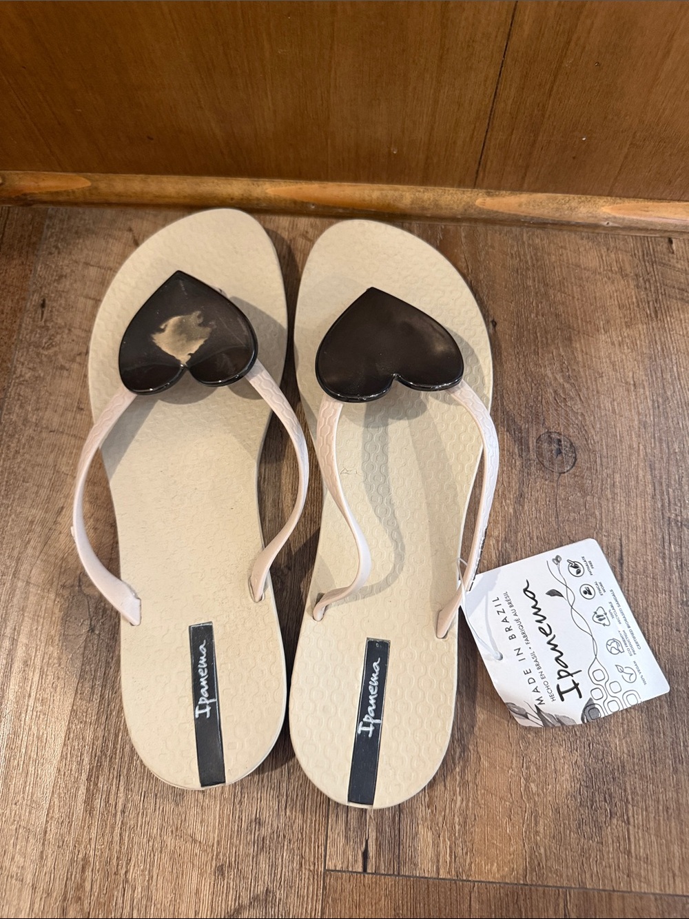 Ipanema Beige Flip Flop Sandals with Black Heart Accent